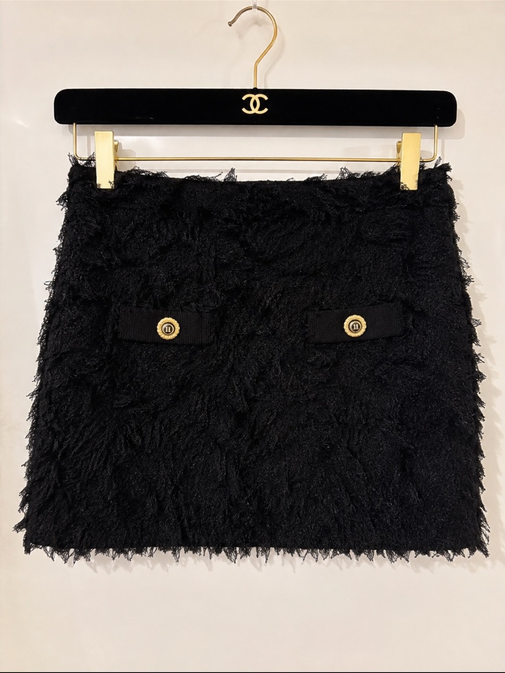 PINKO Black Fringe Bouclé Mini Skirt Gold Buttons Designer Size [SIZE M